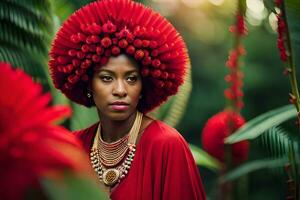 een mooi vrouw met rood haar- in de oerwoud. ai-gegenereerd foto