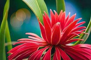 een rood bloem met groen bladeren in de achtergrond. ai-gegenereerd foto