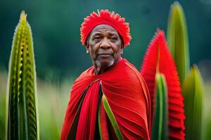 een oud Mens in rood staand in voorkant van sommige planten. ai-gegenereerd foto