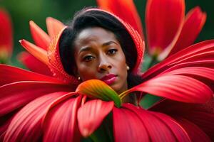 een vrouw met rood bloemen in haar haar. ai-gegenereerd foto