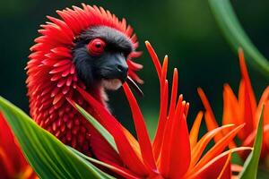 een vogel met rood veren en een rood hoofd. ai-gegenereerd foto