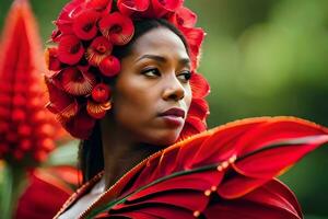 een vrouw vervelend een rood bloem hoofddeksel. ai-gegenereerd foto