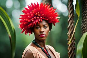 een vrouw met een rood bloem hoofdtooi in de oerwoud. ai-gegenereerd foto