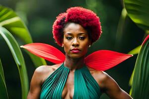 een vrouw met rood haar- en groen jurk staand in voorkant van sommige planten. ai-gegenereerd foto