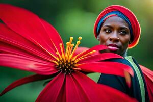 een vrouw met een rood hoofddoek is staand De volgende naar een groot rood bloem. ai-gegenereerd foto