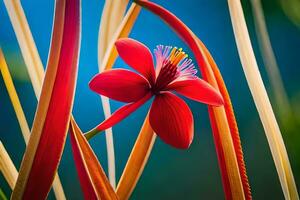 een rood bloem is zittend in de midden- van sommige hoog gras. ai-gegenereerd foto