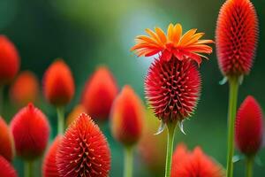 een dichtbij omhoog van rood bloemen met een geel centrum. ai-gegenereerd foto