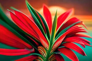 een rood bloem met groen bladeren in voorkant van een zonsondergang. ai-gegenereerd foto