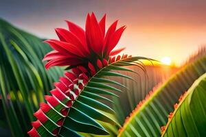 een rood bloem is in voorkant van een tropisch fabriek. ai-gegenereerd foto