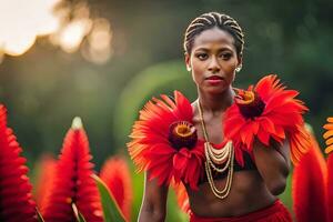 een vrouw in een rood jurk en bloem gewaad. ai-gegenereerd foto