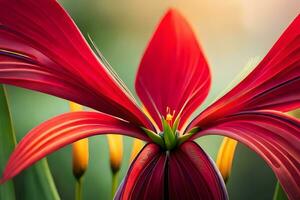 een rood bloem met geel bloemblaadjes en groen bladeren. ai-gegenereerd foto