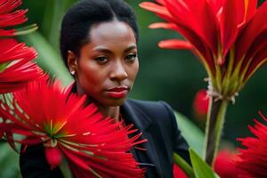 een vrouw met rood bloemen in haar handen. ai-gegenereerd foto