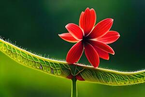 een rood bloem is zittend Aan top van een blad. ai-gegenereerd foto