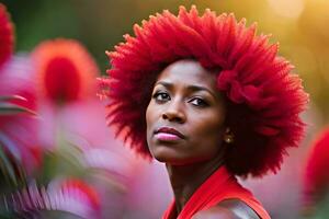 een vrouw met rood haar- en bloemen in de achtergrond. ai-gegenereerd foto