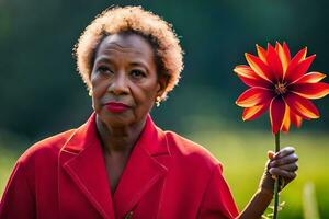 een ouder vrouw Holding een rood bloem. ai-gegenereerd foto