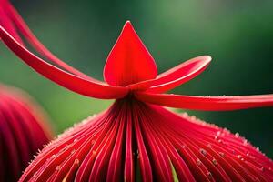 een dichtbij omhoog van een rood bloem met een groen achtergrond. ai-gegenereerd foto