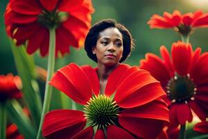 een vrouw is omringd door rood bloemen. ai-gegenereerd foto