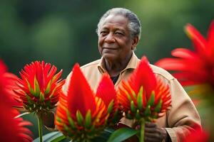 een ouder Mens is Holding een bundel van rood bloemen. ai-gegenereerd foto