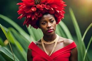 een mooi vrouw in een rood jurk met bloemen Aan haar hoofd. ai-gegenereerd foto