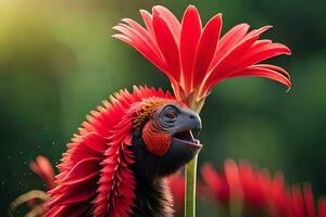 een rood vogel met een rood bloem in haar mond. ai-gegenereerd foto