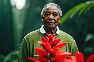 een ouder Mens staand in voorkant van een rood bloem. ai-gegenereerd foto