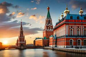 de het kremlin en de het kremlin rivier- Bij zonsondergang. ai-gegenereerd foto