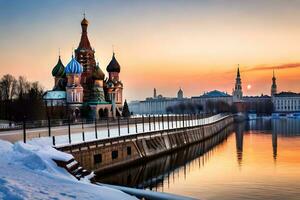 de het kremlin en de rivier- Moskou Bij zonsondergang. ai-gegenereerd foto