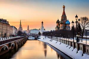 de het kremlin en de Moskou rivier- Bij zonsondergang. ai-gegenereerd foto