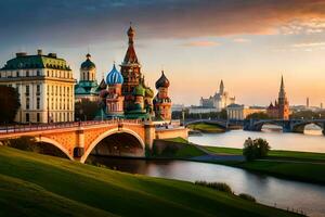 de het kremlin en de Moskou rivier- Bij zonsondergang. ai-gegenereerd foto