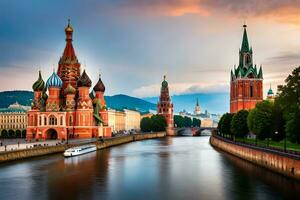 de het kremlin en de Moskou rivier- in Moskou, Rusland. ai-gegenereerd foto