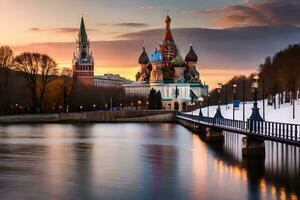 de het kremlin en de rood plein Bij zonsondergang. ai-gegenereerd foto