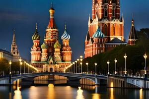 Moskou, Rusland, het kremlin en st basilicum kathedraal Bij nacht. ai-gegenereerd foto