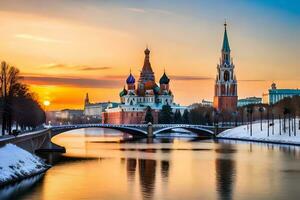 de het kremlin en de Moskou rivier- Bij zonsondergang. ai-gegenereerd foto
