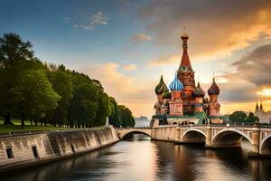 de het kremlin en de Moskou rivier- Bij zonsondergang. ai-gegenereerd foto