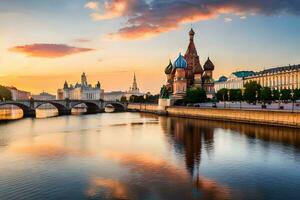 de het kremlin en de Moskou rivier- Bij zonsondergang. ai-gegenereerd foto