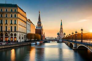 de het kremlin en de Moskou rivier- Bij zonsondergang. ai-gegenereerd foto