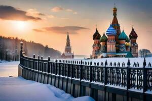 de het kremlin in winter met de zon instelling over- de rivier. ai-gegenereerd foto