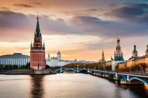 de het kremlin en de rivier- Moskou Bij zonsondergang. ai-gegenereerd foto