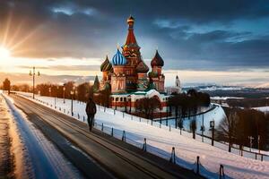 de zon is instelling over- de rood plein in Moskou. ai-gegenereerd foto