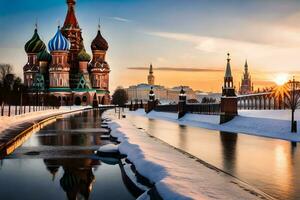 de het kremlin en de rood plein in winter. ai-gegenereerd foto