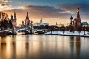 de het kremlin en Moskou rivier- Bij zonsondergang. ai-gegenereerd foto