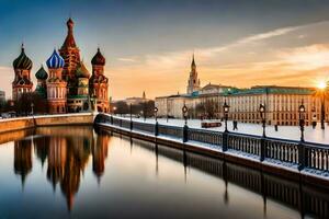 de het kremlin en de het kremlin brug Bij zonsondergang. ai-gegenereerd foto