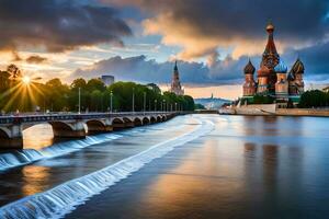 de het kremlin en de Moskou rivier- Bij zonsondergang. ai-gegenereerd foto