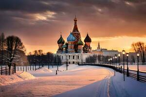 Moskou, Rusland, winter, zonsondergang, kathedraal, kremlin, kremlin, k. ai-gegenereerd foto