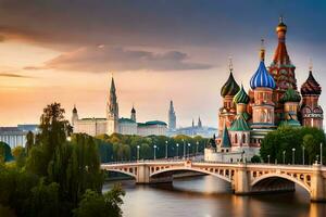 de het kremlin en de Moskou rivier- Bij zonsondergang. ai-gegenereerd foto