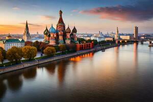 de het kremlin en de Moskou rivier- Bij zonsondergang. ai-gegenereerd foto