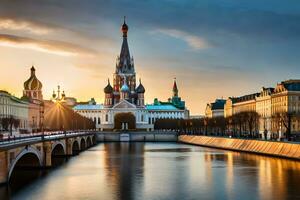 de zon is instelling over- de stad van Moskou. ai-gegenereerd foto