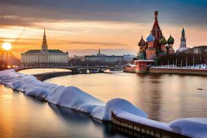 de zon sets over- Moskou, Rusland. ai-gegenereerd foto