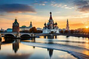 de het kremlin en Moskou rivier- Bij zonsondergang. ai-gegenereerd foto