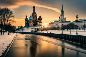 de het kremlin en de rood plein Bij zonsondergang. ai-gegenereerd foto